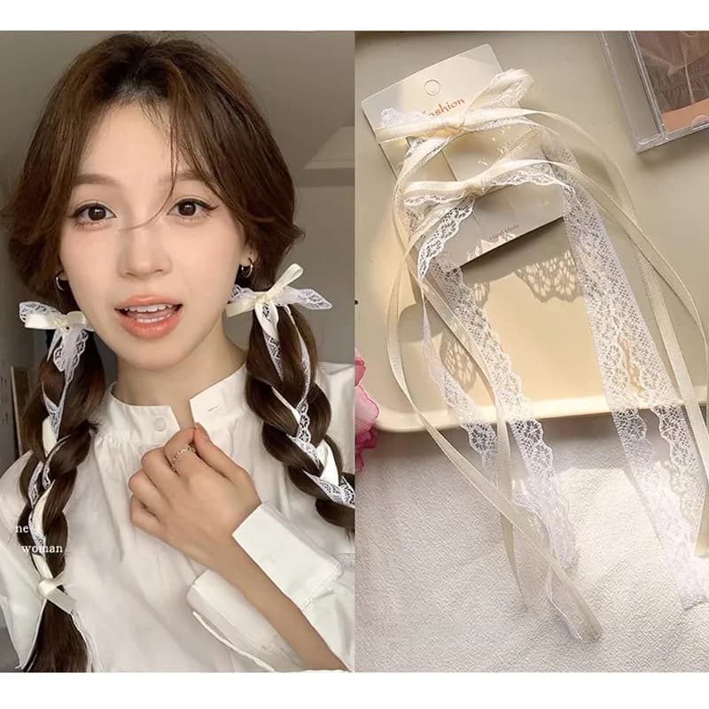 2Pcs White Lace Ribbon Bow Hair Clips Mini Long Tassel Bowknot Barrettes Sweet Side Hair Pins For Women Girls Daily Hairstyle Accessory