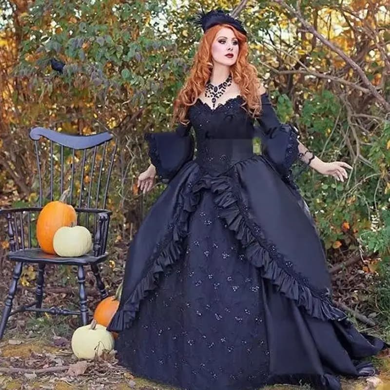 Abito da sposa medievale rinascimentale maniche svasate abiti da sposa gotici neri in raso costume da principessa in maschera personalizzato