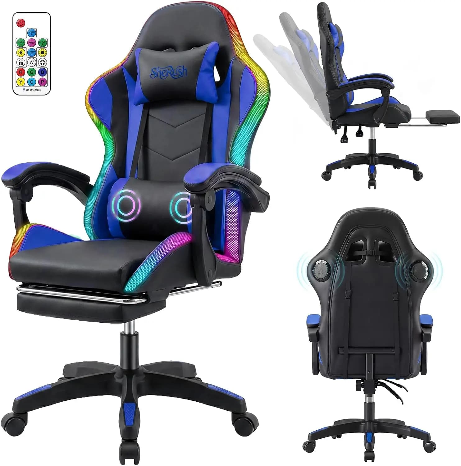 Gaming Chair with Massage & Footrest, Built-in Speakers Chair