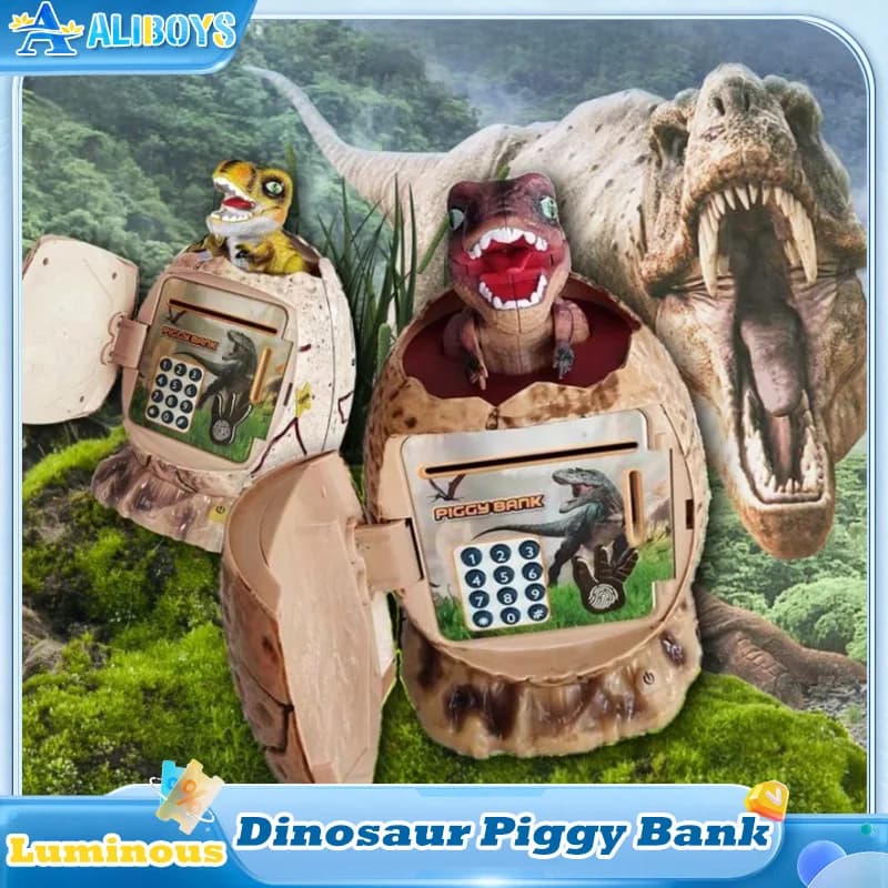 Salvadanaio per uova di dinosauro 3 in 1 Blocco password per impronte digitali Scatola di risparmio di denaro ATM elettronico Cassetta di contanti luminosa Giocattolo per bambini