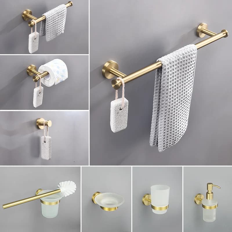 Brushed Gold 304 Stainless Steel Dual-Function Towel Bar Paper Towel Holder tTowel Ring Bathroom Cup Holder Toilet Brush Pendant