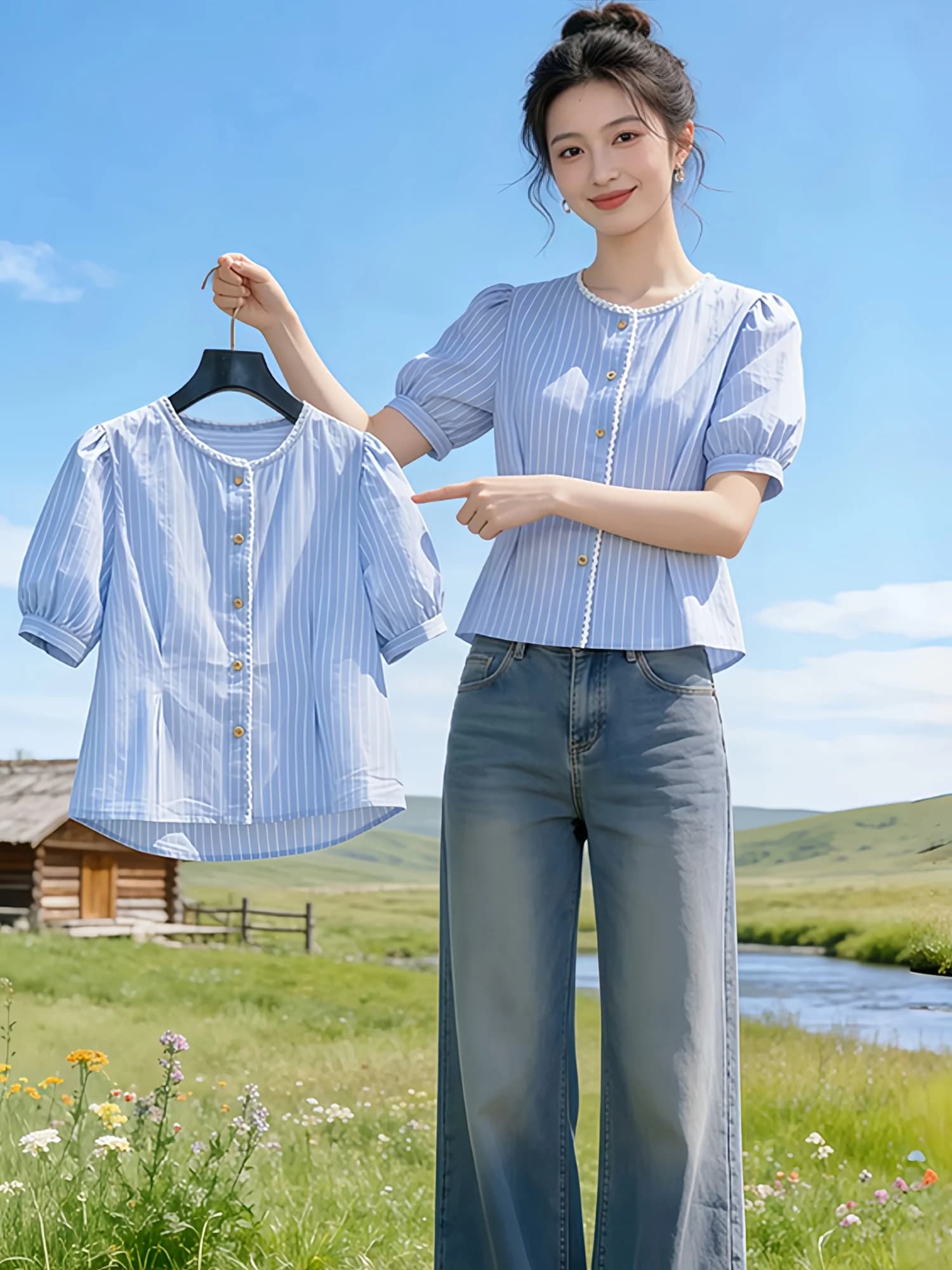 Blue Striped Short Sleeve Shirt Women's Summer plus Size Conceals Belly Slimming Short Length Floral Lace Collared Casual Style