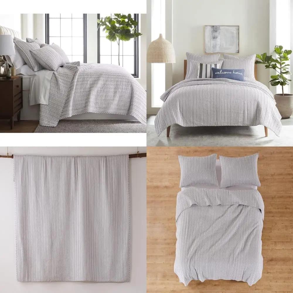 Full/Queen Size Striped Reversible Quilt Set with 2 pillow pillow cases - Complete bed linen with striped pattern