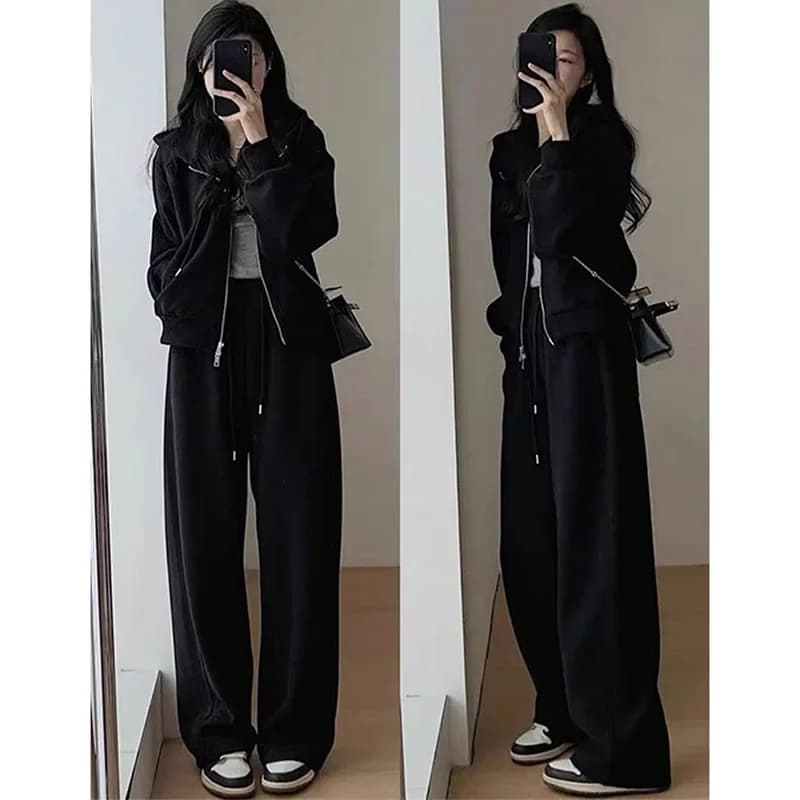 Women's Fashion Long Sleeved Sports Clothing Set Set of Korean Women's Wide Dresses Set of Two Pieces with Zipper for Autumn Women