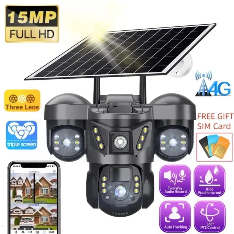 4G Sim Card 15MP Outdoor 3 Lens 3 Screens PIR Human Detection Network IP Cameras Night Vision CCTV Security Protection