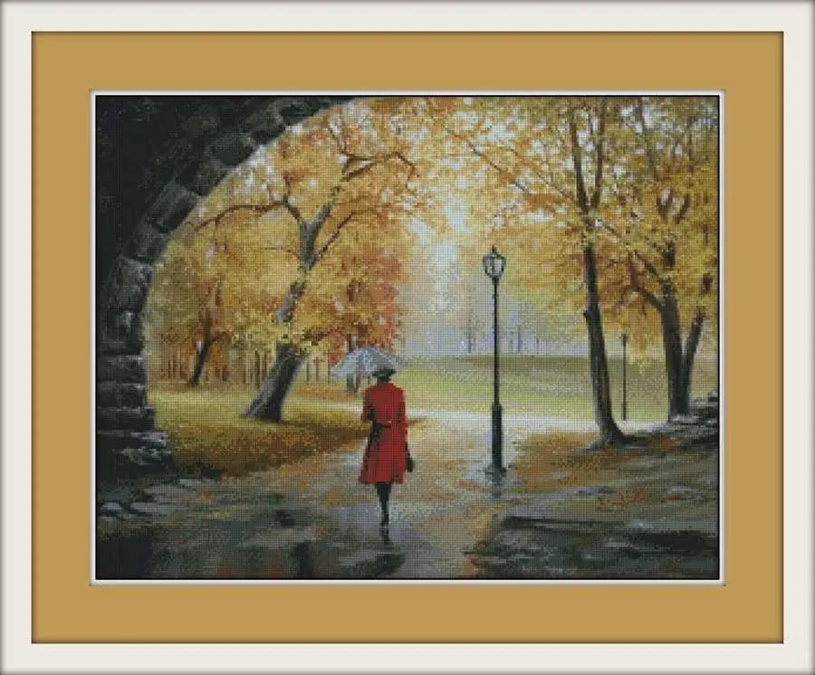Kit da cucito pioggia paesaggio autunnale 18CT 16CT 14CT Kit punto croce non stampato Ricamo artistico cucito fatto a mano fai da te Decorazioni per la casa