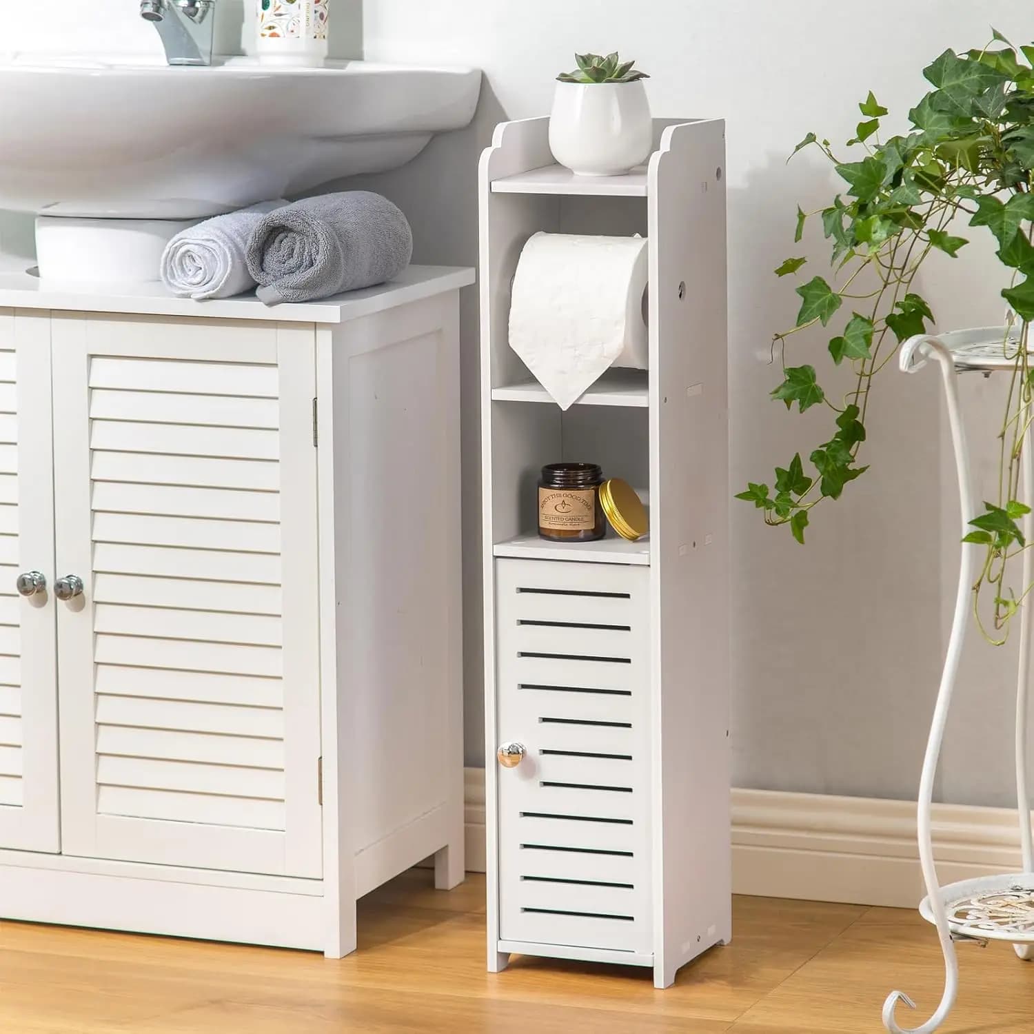 Portarotolo da terra: Mobiletto piccolo in PVC senza foratura per bagno, ideale per appartamenti - Protezione del deposito in caso di noleggio