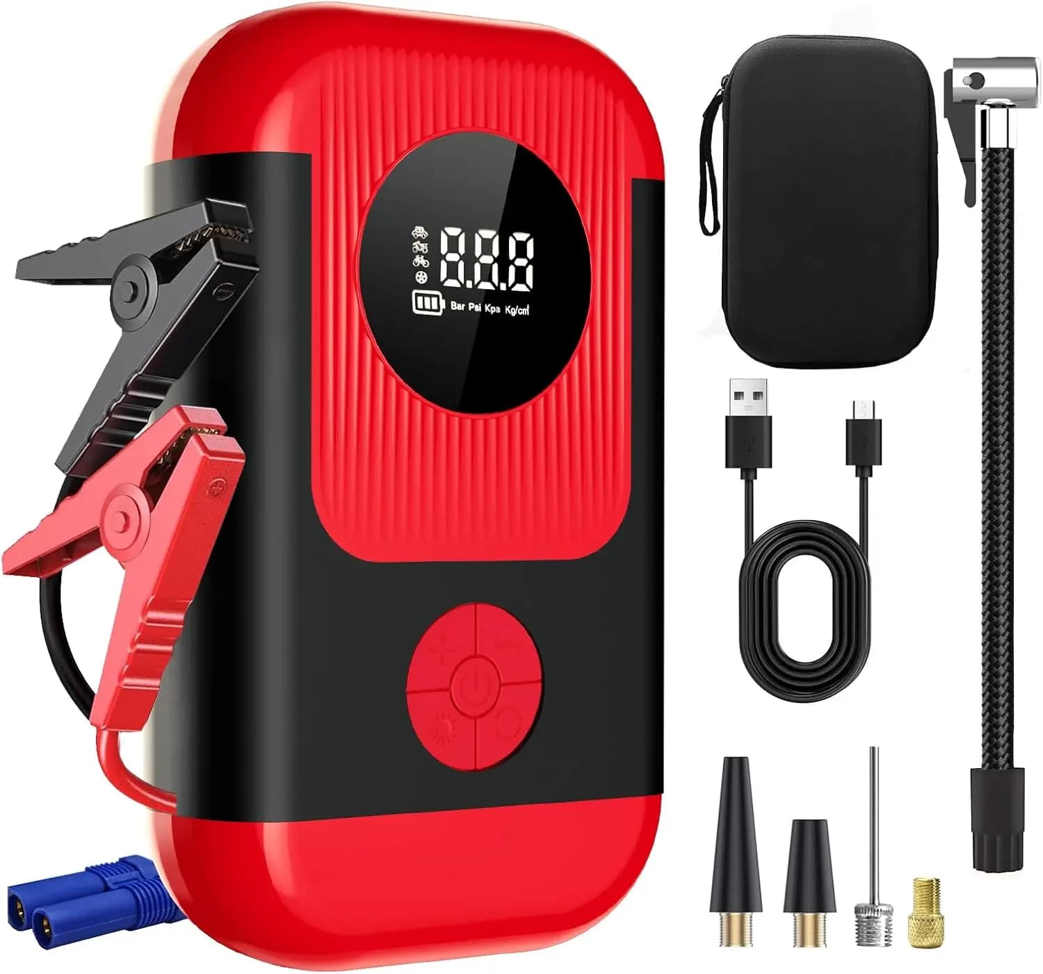 Compressore d'aria portatile senza fili e avviamento di emergenza con luce LED, manometro per auto, motocicli, biciclette