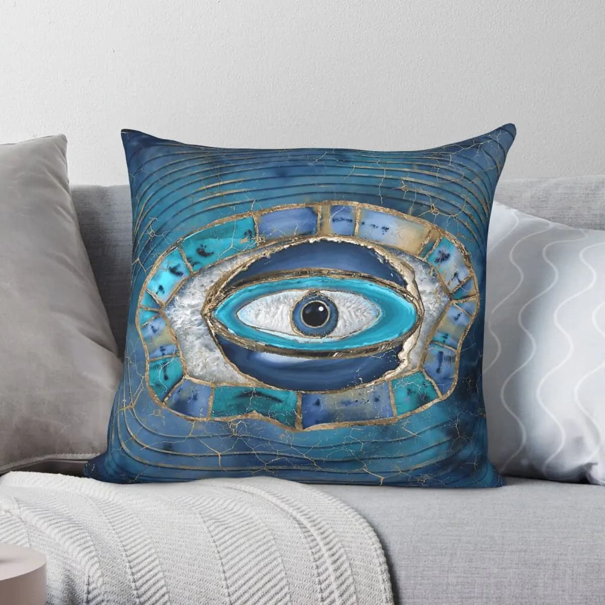 Fodera per cuscino decorativa creativa in poliestere, lino e velluto con amuleto occhio di Allah in agata dorata, per divano e seduta