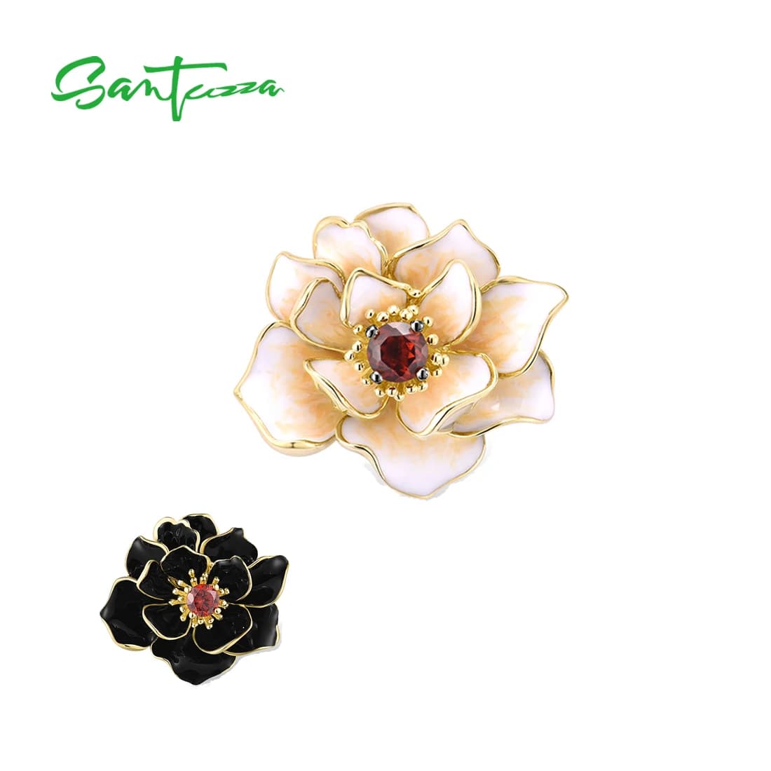 SANTUZZA Autentico ciondolo in argento sterling 925 per le donne Squisito smalto bianco nero fiore di loto granato elegante gioielleria raffinata