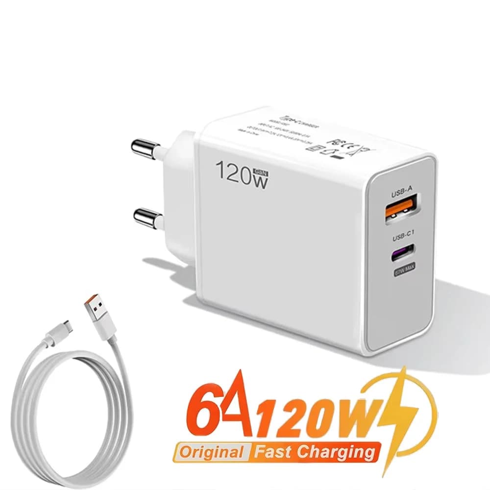 Caricabatterie Rapido Turbo 120W 6A con Spina EU US UK, Adattatore da Muro USB C PD con Cavo Type C per Xiaomi 13 14 Ultra iPhone Samsung