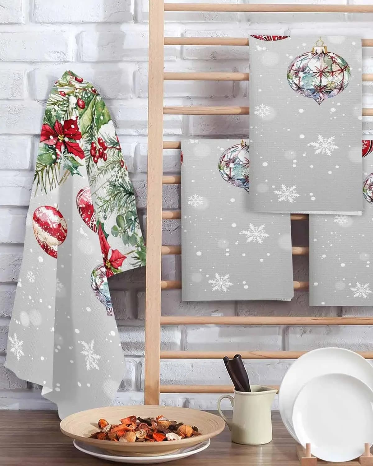 Natale Rosso Verde Botanico Fiocco di neve Set di asciugamani da cucina Prodotti per la pulizia Barra assorbente Strofinacci a mano Decorazioni natalizie