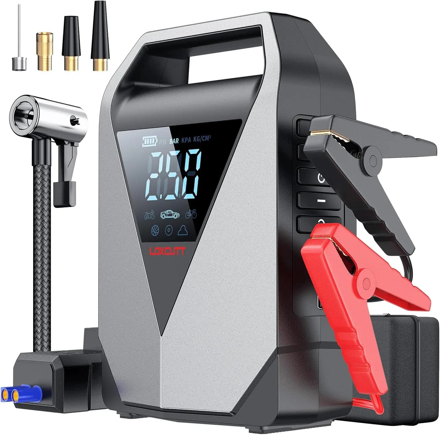 Avviatore di emergenza per auto 1800A, 12000mAh con compressore d'aria, spegnimento automatico 150PSI, display LCD, luce LED, QC3.0