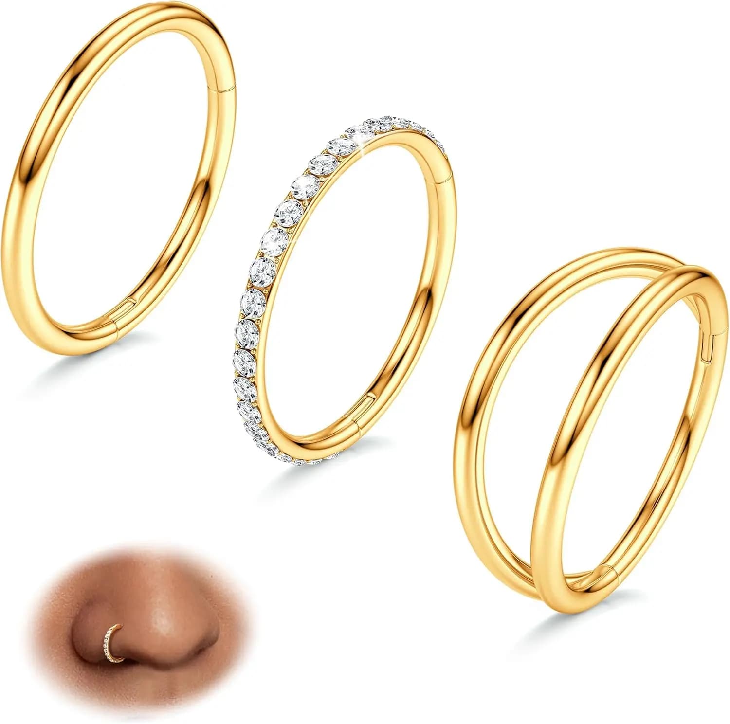 Set di 3 Anelli per il Naso - Piercing a Doppio Anello 14/16/18/20G con Cerniera e Zirconi, Gioielli per Septum Clicker