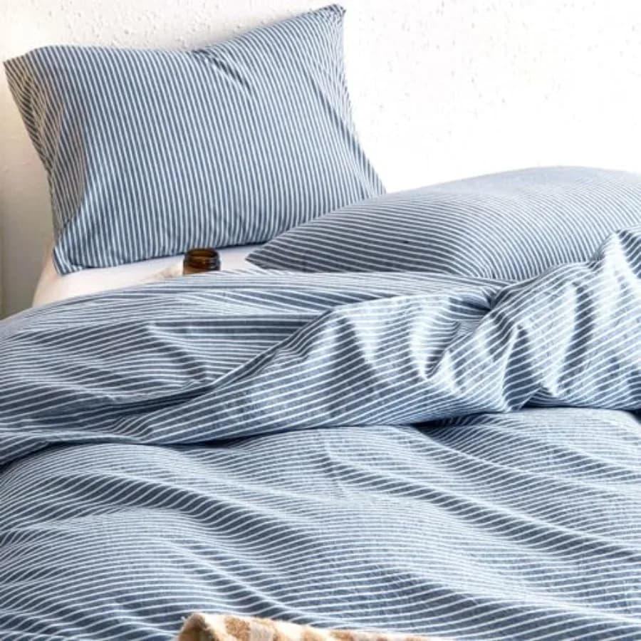 Set Copripiumino in Cotone a Righe, 100% Cotone Lavato, Set Biancheria da Letto in Percalle Testurizzato, Motivo a Righe Sottili, Stile Rustico, 3 Pezzi
