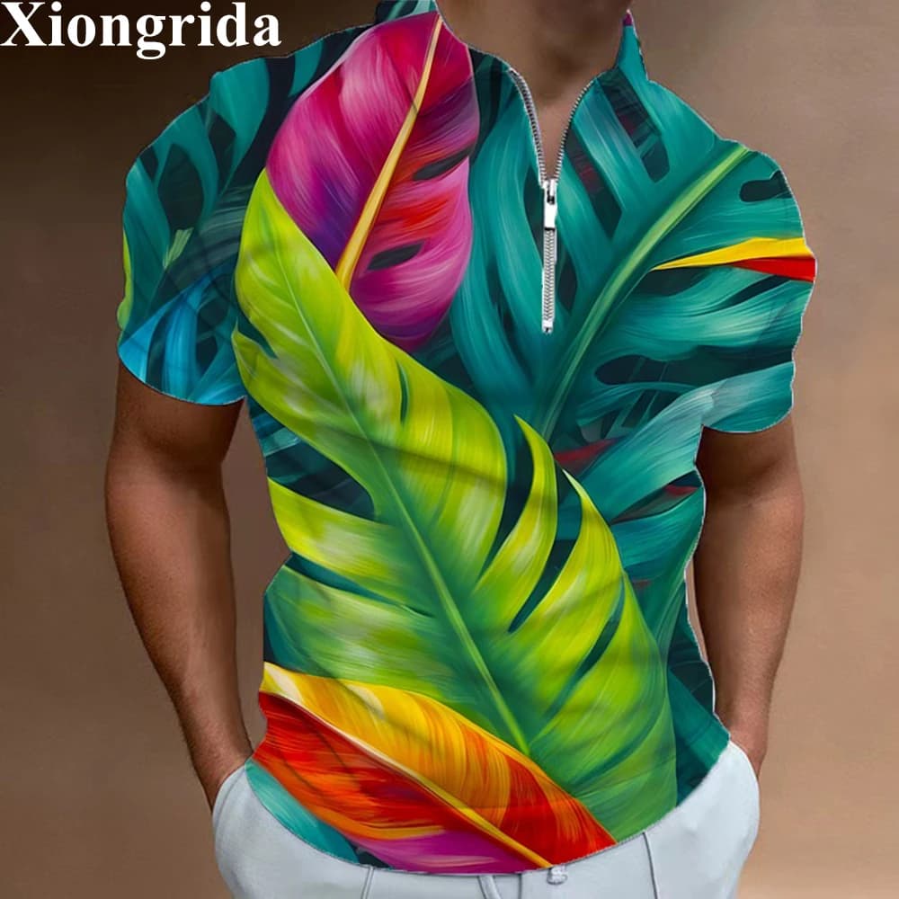 Polo da golf hawaiane da uomo Camicie casual a maniche corte Hawaii T-shirt da allenamento con stampa tropicale a foglie Top estivi maschili