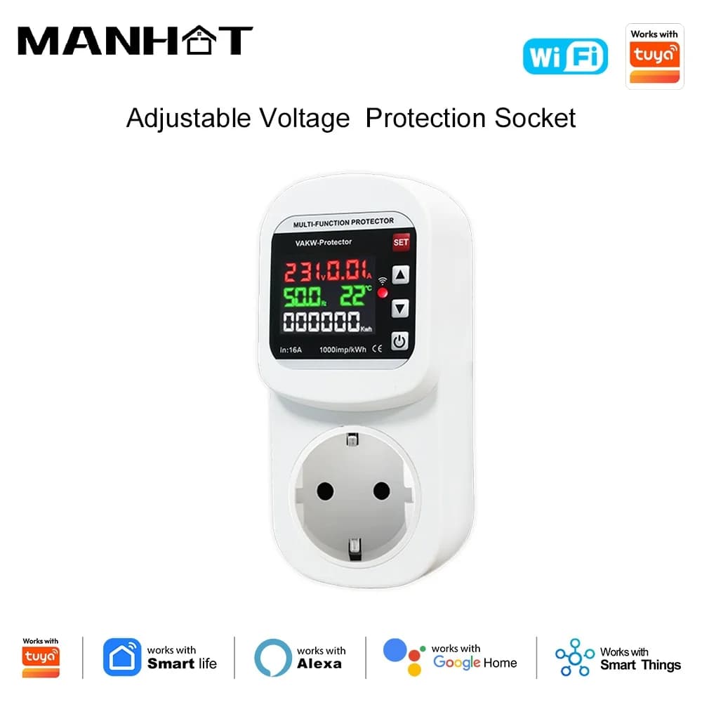 16A WiFi Adjustable Voltage Current Protector Socket Smart EU Plug Timing Function Voice Control Smart Life Google Home Alexa