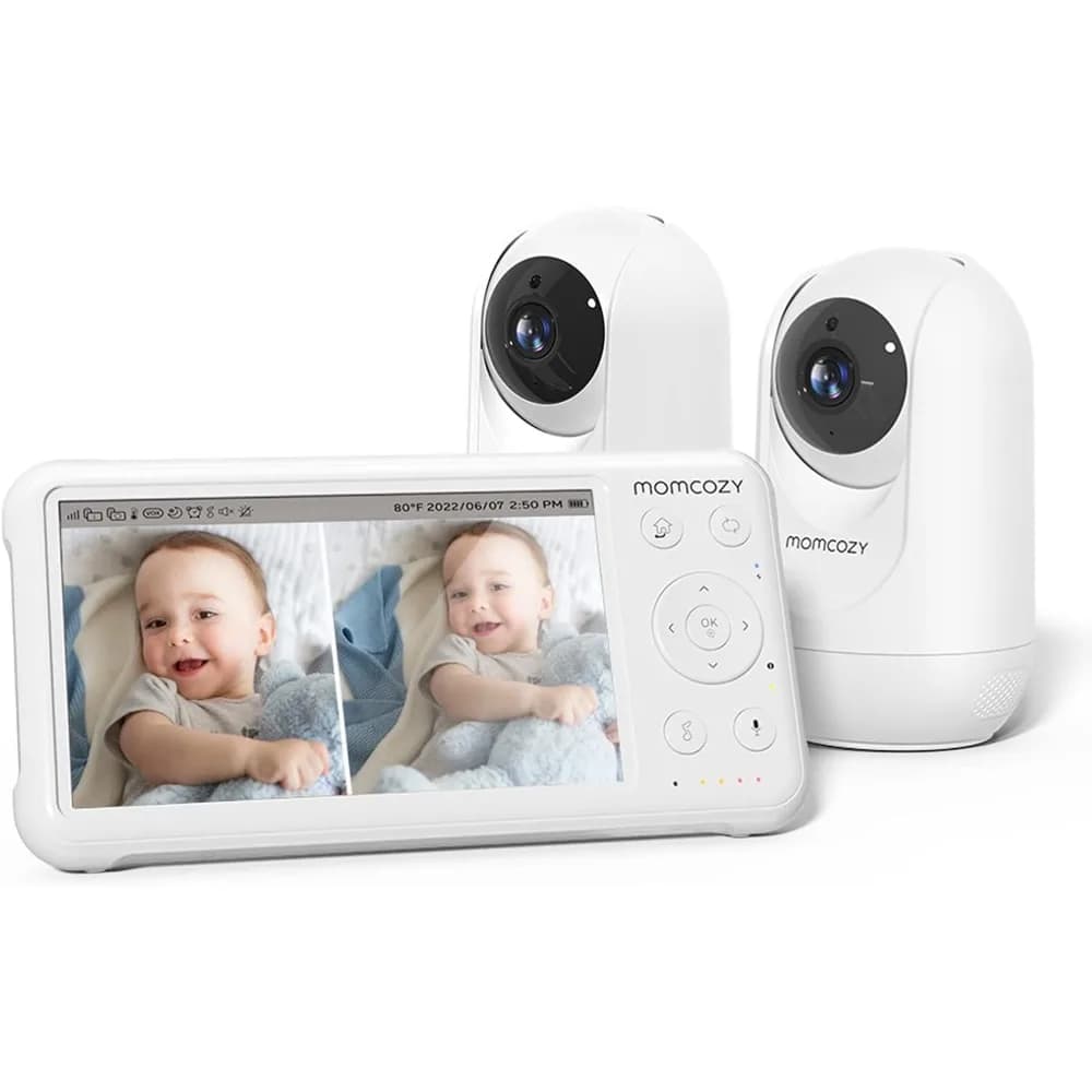 Baby monitor con 2 telecamere Baby monitor video a schermo diviso da 5'' 1080P con fotocamera e audio senza WiFi per la sicurezza del bambino Bat 5000mAh
