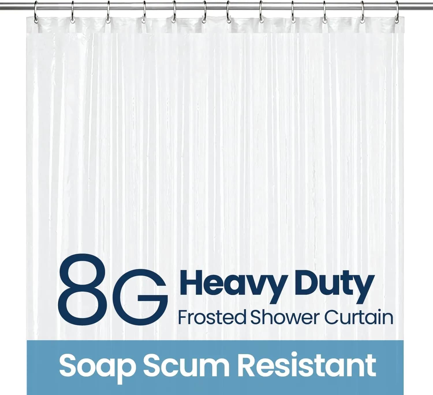 Shower Curtain PEVA 8G, 72x72 Inch Waterproof Frosted | Non-toxic shower liner, waterproof plastic shower curtain, rust-proof gr