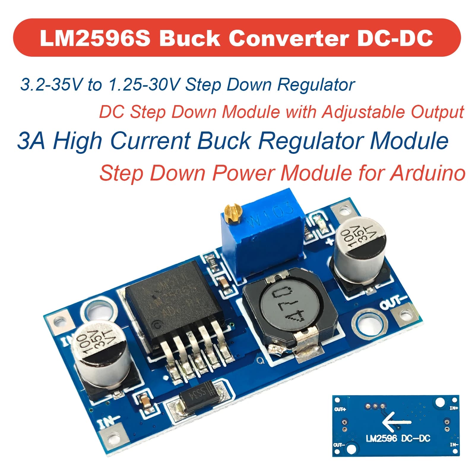10 pz. Convertitore Buck Regolabile LM2596S DC-DC, Regolatore di Tensione da 3.2-35V a 1.25-30V, Modulo Step-Down ad Alta Potenza 3A per Arduino