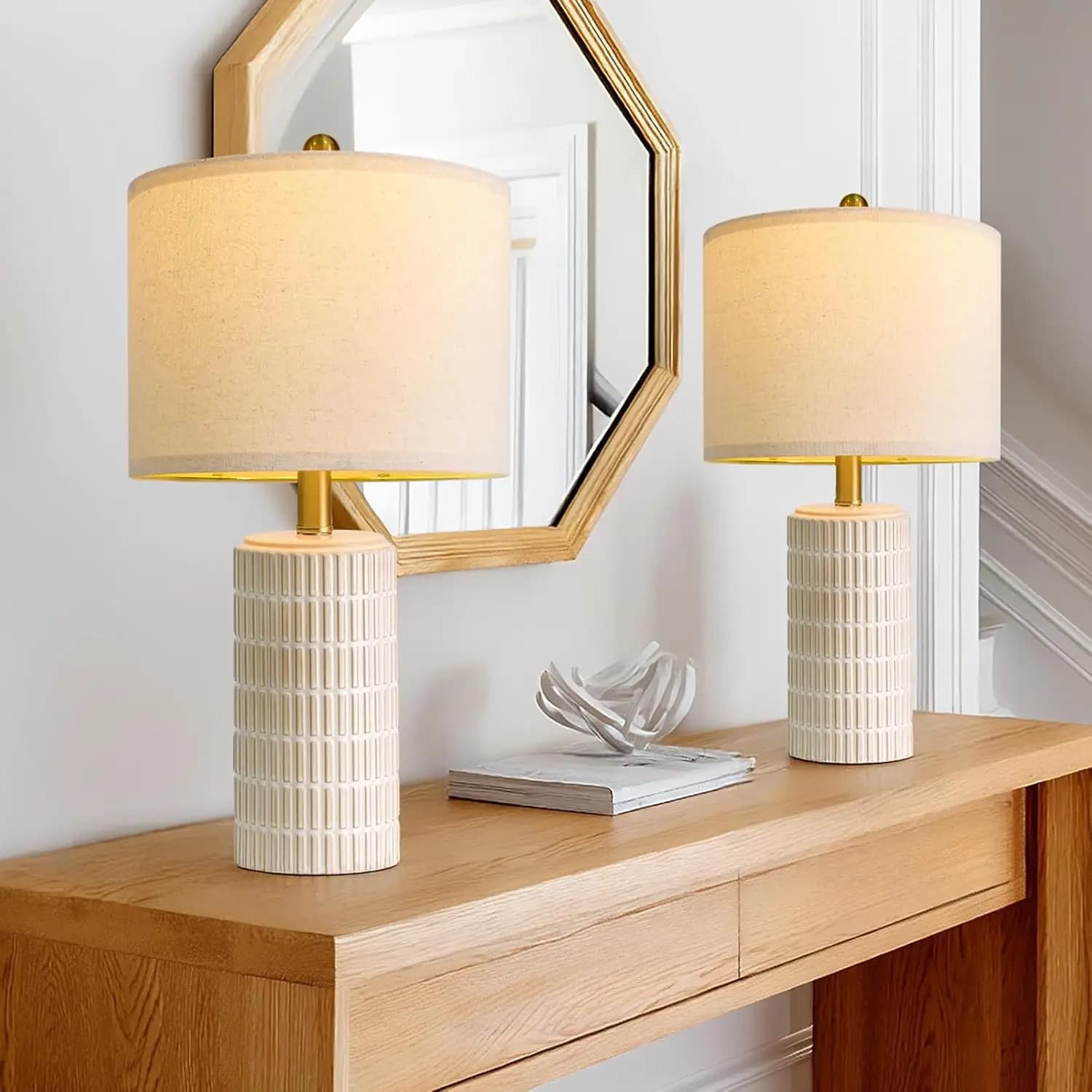 Set di 2 Lampade da Tavolo in Ceramica Moderne, Lampade da Comodino Bianche, Decorazione per Scrivania in Stile Rustico, Regalo per Soggiorno