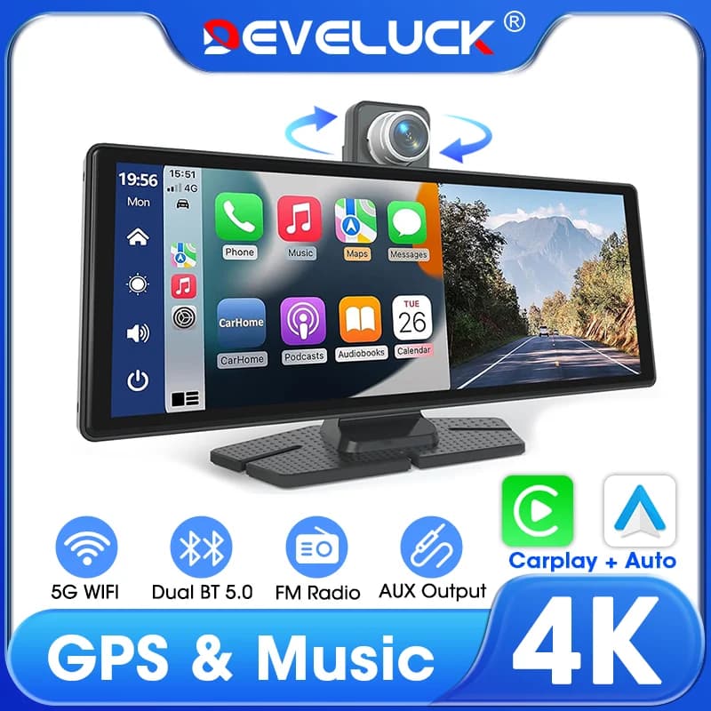 Develuck 10.26 "Schermo Carplay Rotante 4K Auto DVR Telecamera Retrovisore Android Auto Dash Cam Videoregistratore Navigazione GPS Cruscotto
