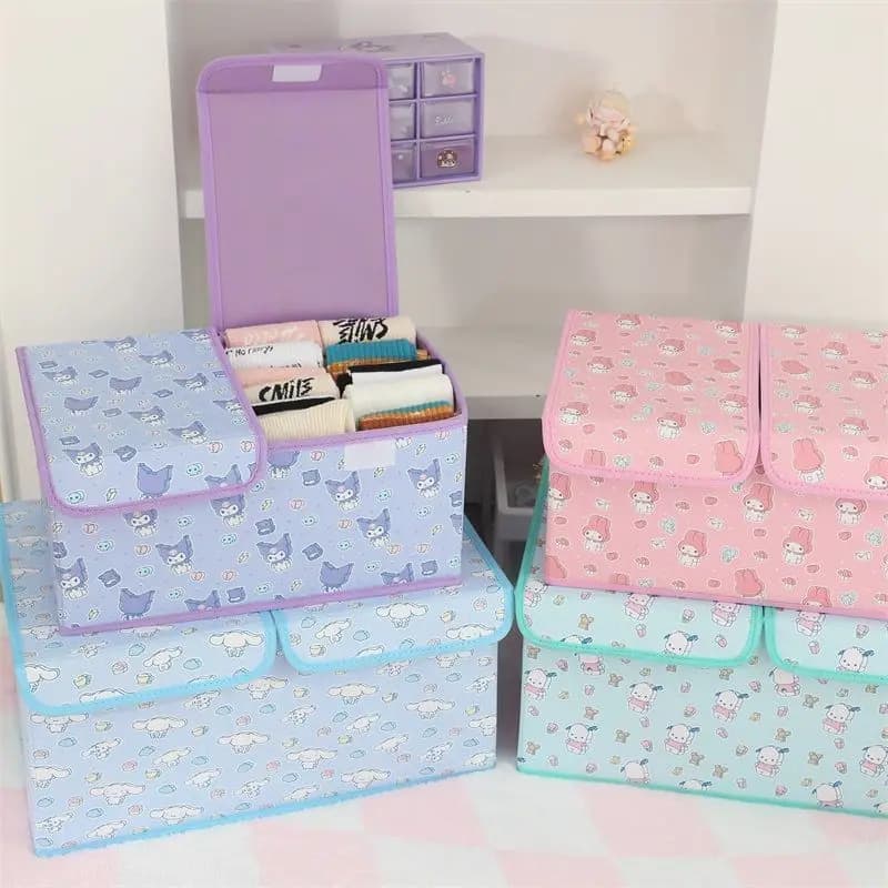 Double compartment folding box with characters from Kuromi cartoons, My Melody, Cinnamoroll, Hello Kitty, for dormitory and home, to store underwear