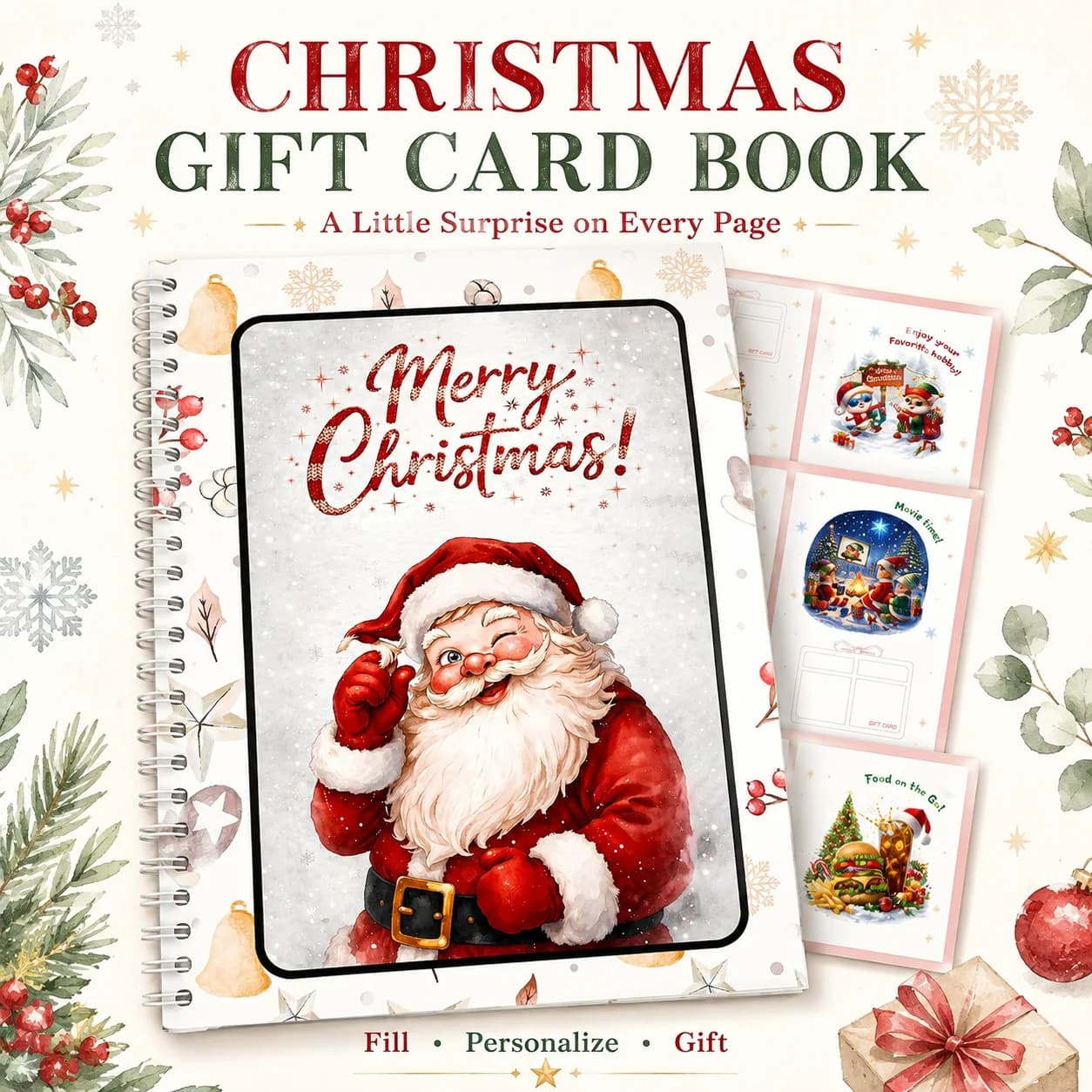 1 PC Christmas Gift Card Book, Cute Watercolor Santa Xmas Style, Surprise On Every Page, DIY Personalizable Fill‑in Gift Cards