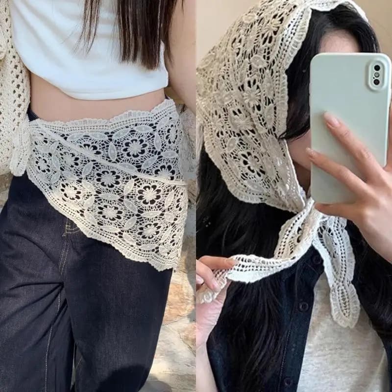 Fascia per capelli triangolare in pizzo traforato alla moda, Mini gonna Y2K, Catena da vita con effetto tenda, Accessori per la vita per donne e ragazze