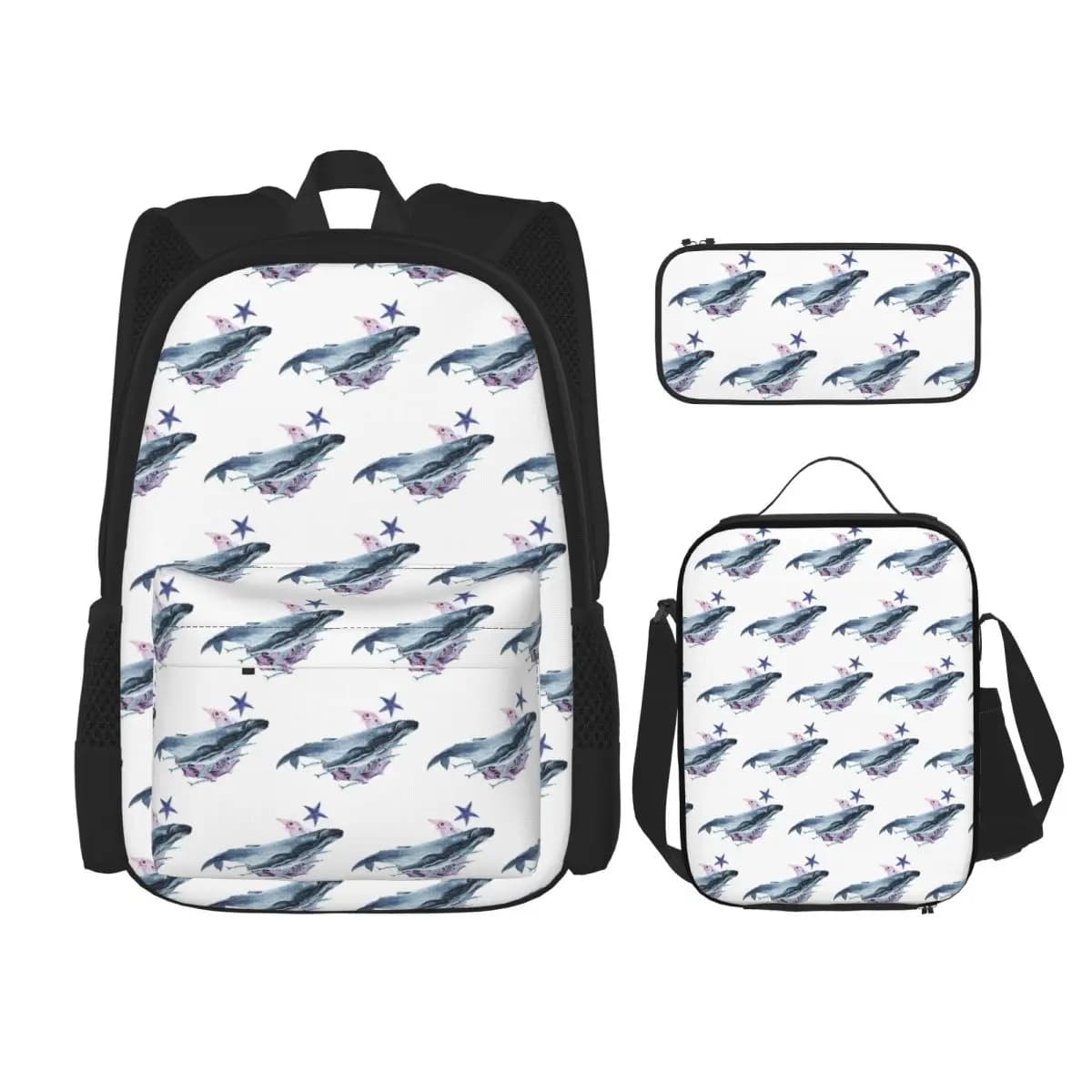 Orca Whale And Dolphin Marine Life Backpacks Students Bookbag School Bags Rucksack Lunch Bag Pen Bag Three-Piece Set