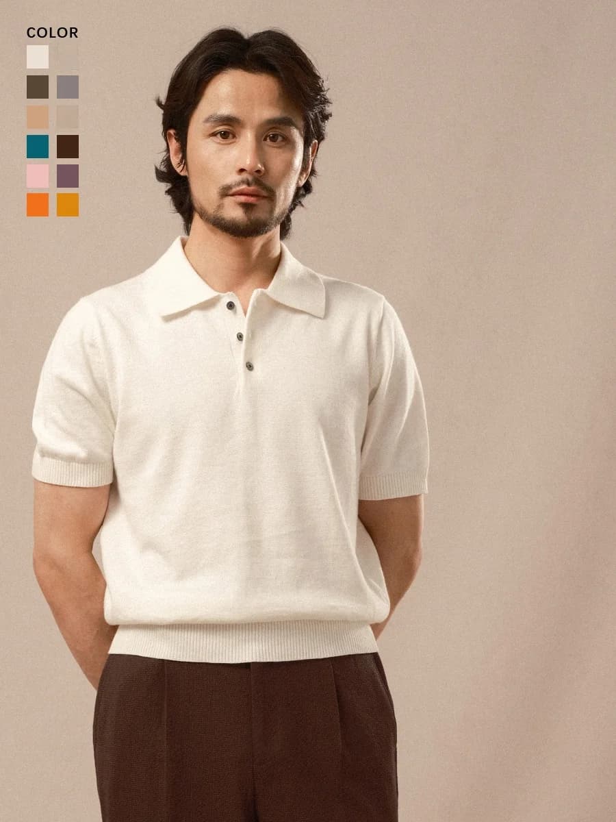 Cultum Italian Collar Cotton Linen Knitted Lightweight Shirt Men Summer Business Casual Versatile Short Sleeve T-Shirt