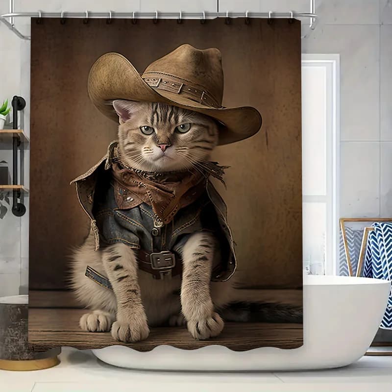 Tappetino da bagno per gatti cowgirl occidentale Tenda da doccia Stampata Decorazioni per animali domestici Accessori per il bagno Gilet da cowboy con stampa leopardata marrone Abito per cappello Cos