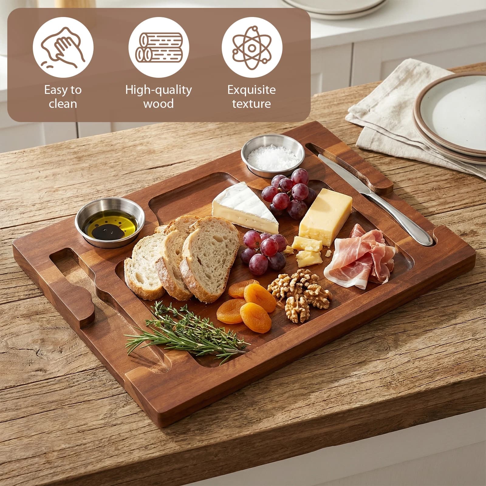 Acacia Wood Steak Plate Board for Eating, Meat Cutting Board for Steak Food Serving Tray with 2 Sauce Cups for Family Dinners