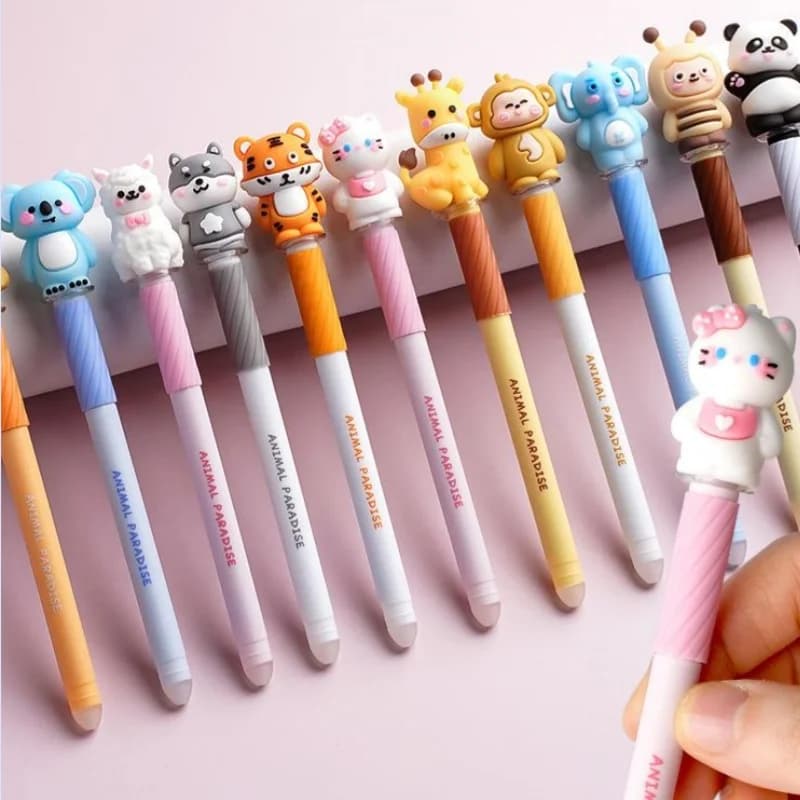 Confezione da 6 penne gel cancellabili con cappuccio in stile cartone animato, set completo di penne colorate per agenda per studenti con punta in silicone, cancelleria per studenti, inchiostro blu, scrittura fluida, nessuna rottura dell'inchiostro