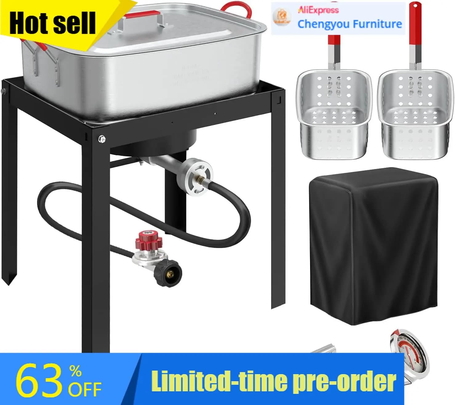 Friggitrice a propano per esterni con bruciatore, cestelli in alluminio, termometro, coperchio e pinze per pesce e ali, ideale per feste e raduni