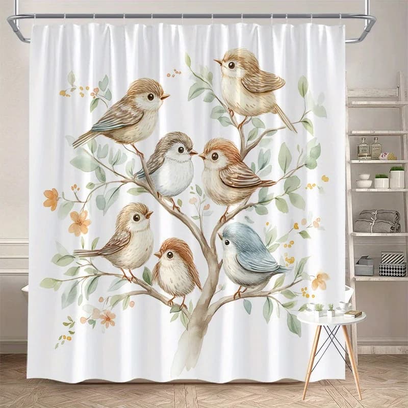 Tenda da doccia stravagante con uccelli e motivi floreali - Fiori arancioni, foglie verdi, piume delicate, poliestere, arredamento bagno naturale