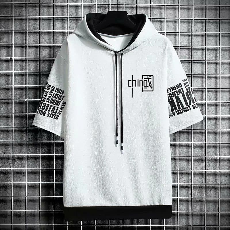 Loose Fit Youth Summer T-Shirt Casual Style Short Sleeve Hoodie Breathable Polyester Fiber round Neck Black White for Teens
