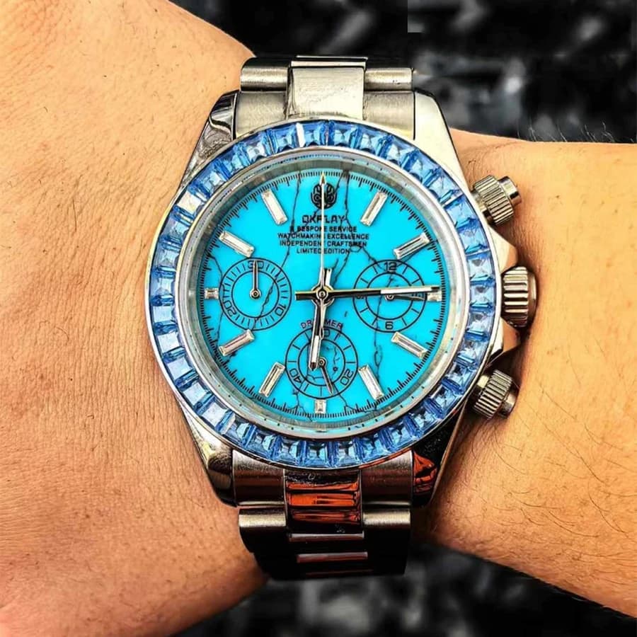 OKPLAY Orologio cronografo da uomo Moda 39,5 mm Orologio da polso al quarzo Specchio in zaffiro 10Bar Quadrante turchese impermeabile VK63