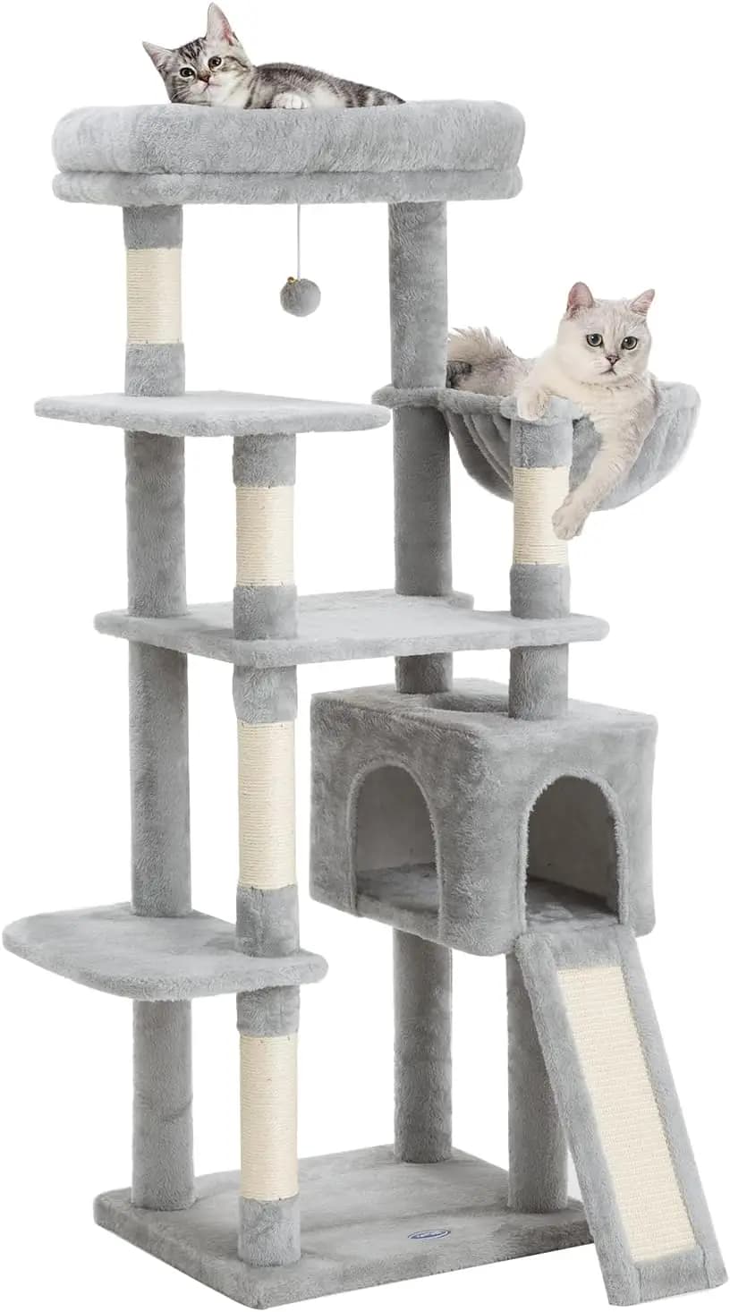 Albero per Gatti da 54 Pollici, Torre Alta per Gatti con Amaca, Cuccia e Tiragraffi, Casetta per Gatti con Sdraio in Peluche per Gatti da Interno