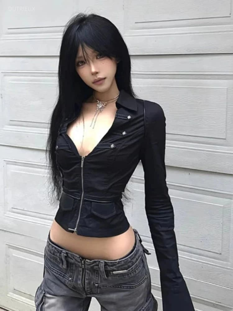 Y2k Aesthetic Women Sexy Blouse Solid Double Zippers Slim Fit Grunge Shirt Harajuku Turn Down Collar Streetwear Cropped Tops