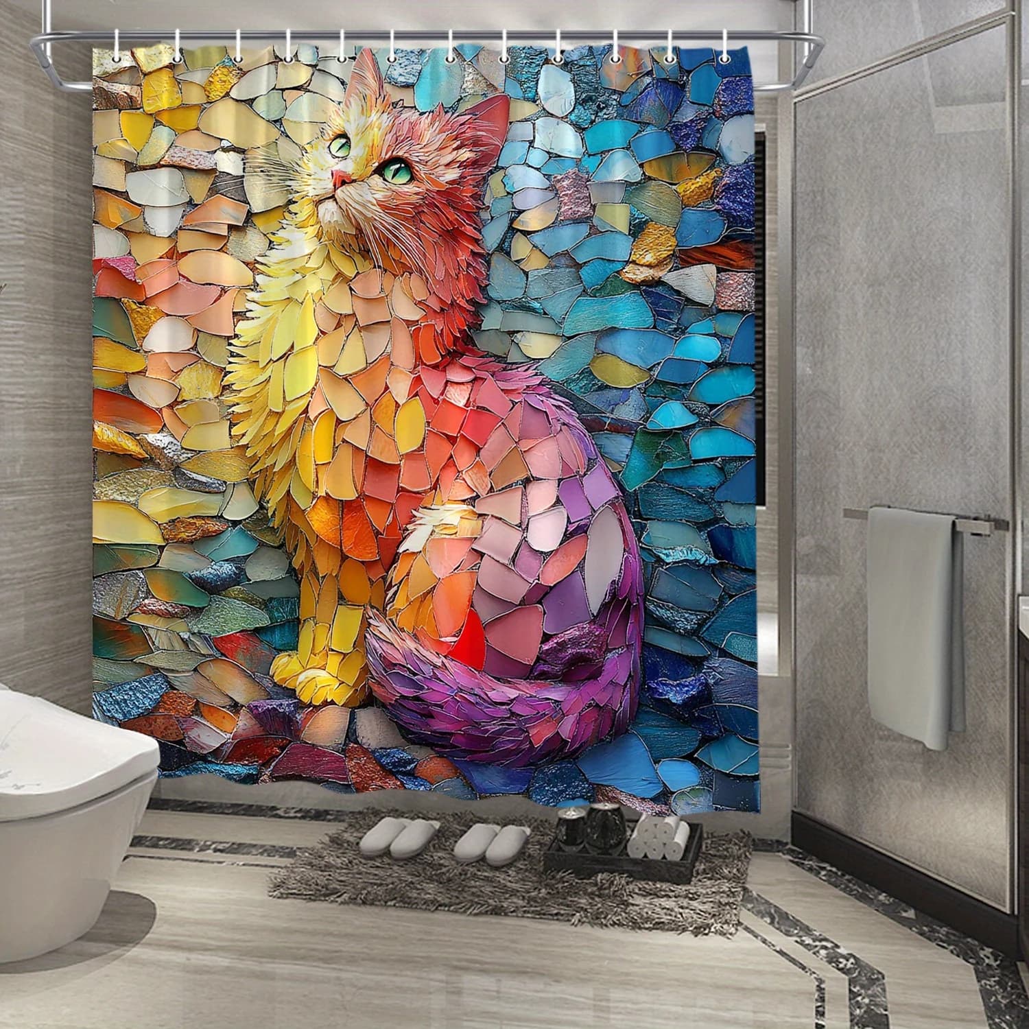 Tenda da doccia impermeabile con gatto a mosaico colorato per l'arredamento moderno del bagno, elegante e durevole, perfetta per l'uso domestico
