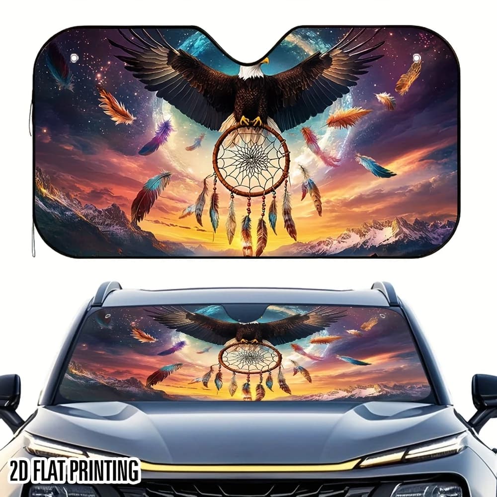 Eagle Dreams Flying Print Car Sunshade - Vibrant Eagle & Dreamcatcher Design, Heat-Resistant Foldable Fit For Cars, SUVs, Trucks