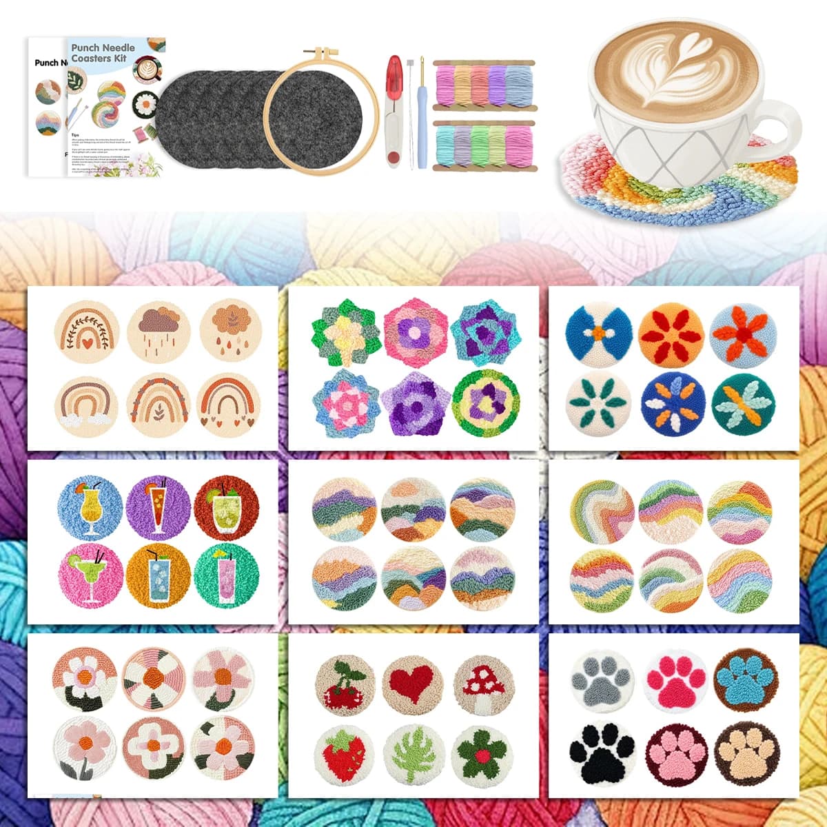 GATYZTORY Kit per Ricamo Punch Needle, Set da 6 Pezzi per Sottobicchieri con Disegni Cartoon, Kit Artigianale per Decorazione Casa