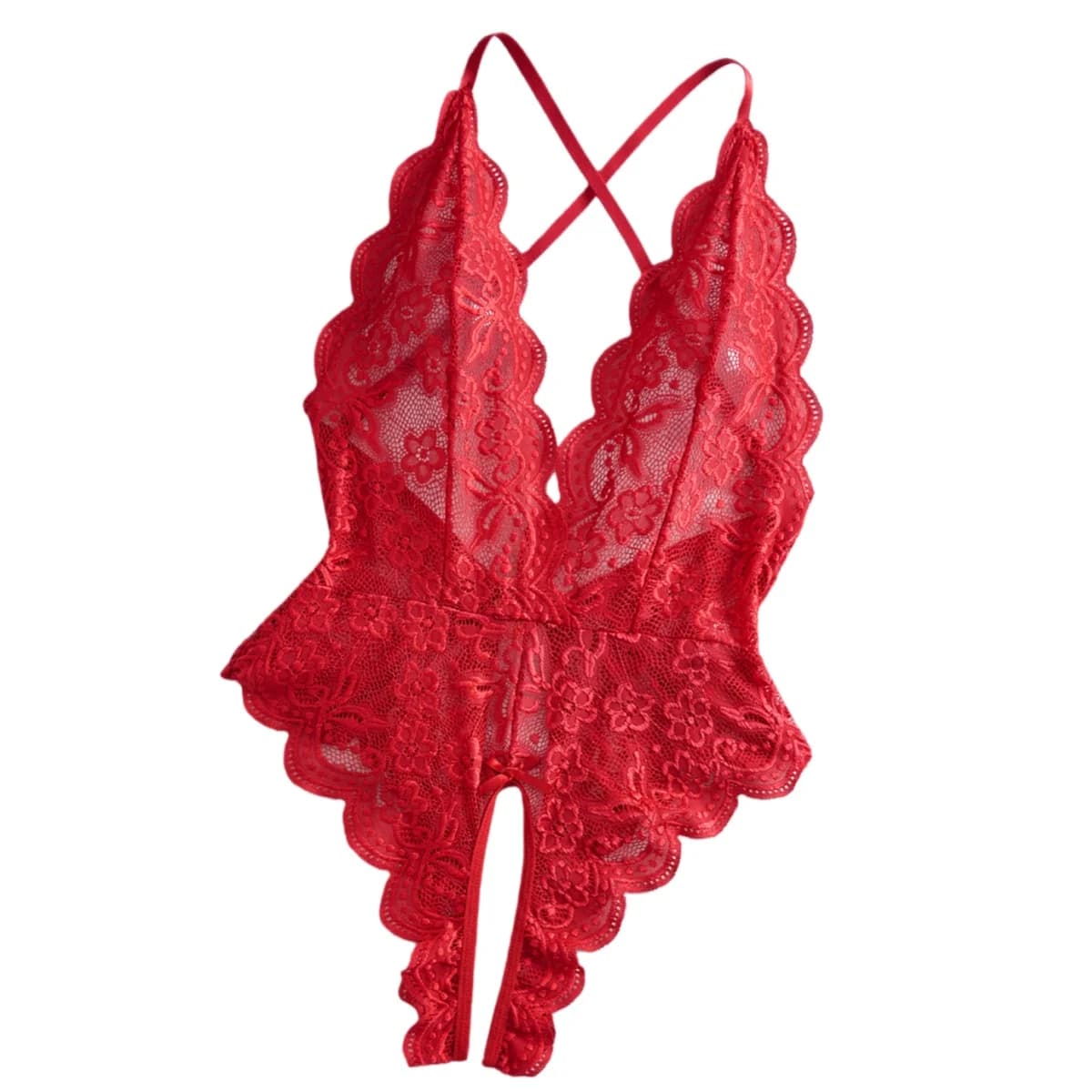 Women One-Piece Sheer Mesh Crotchless Lace Lingerie Red Black Deep V Plunge Backless Open Design Teddy Fashion Appeal Clothing