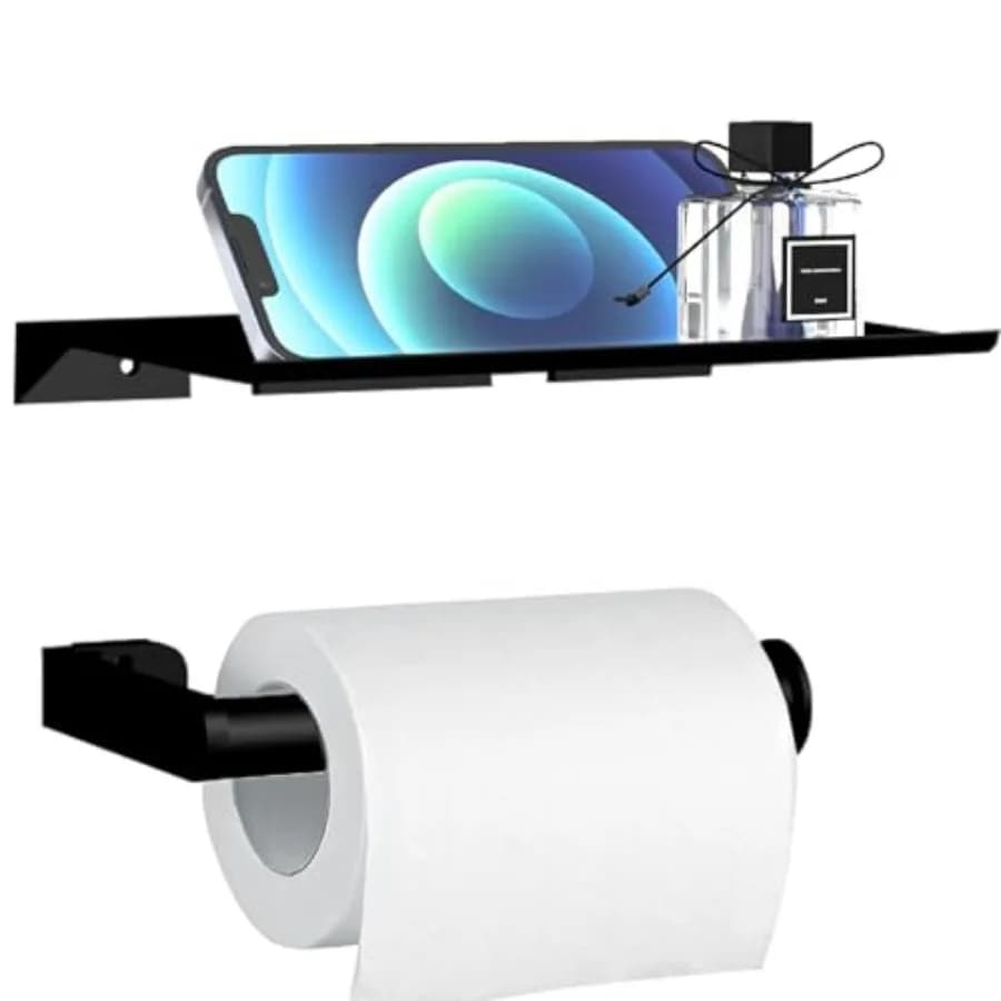 Self Adhesive Toilet Paper Holder with Phone Shelf, Black Wall Mounted Toilet Paper Roll Holder with Shelf, Rustproof and Bathr