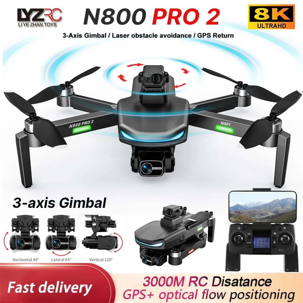 Drone GPS N800 PRO 2 Professionale con Doppia Fotocamera HD 4K PTZ a 3 Assi, Evitamento Ostacoli, Motore Brushless, WIFI 5G, Quadricottero RC Giocattolo