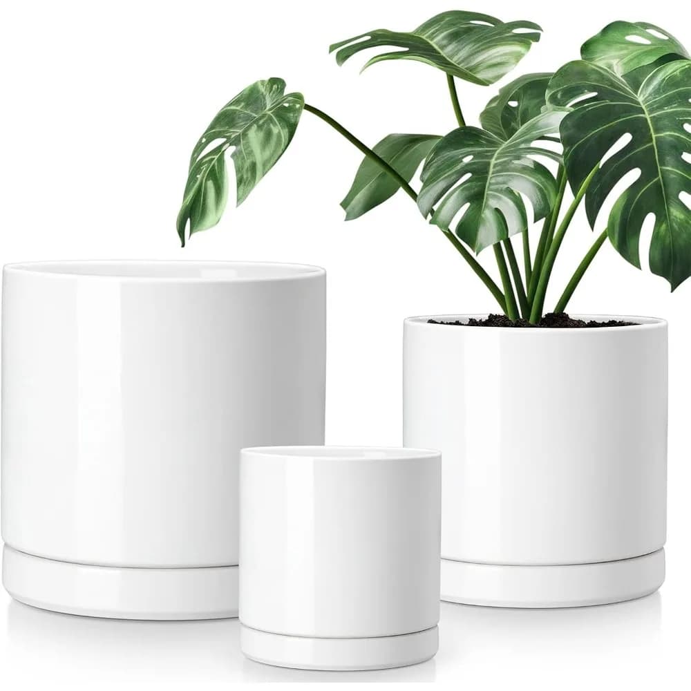 Ceramic Planters for Indoor Plants, 6.25+8.25+10.25 Inch Pots, Drainage Holes, Set of 3, White