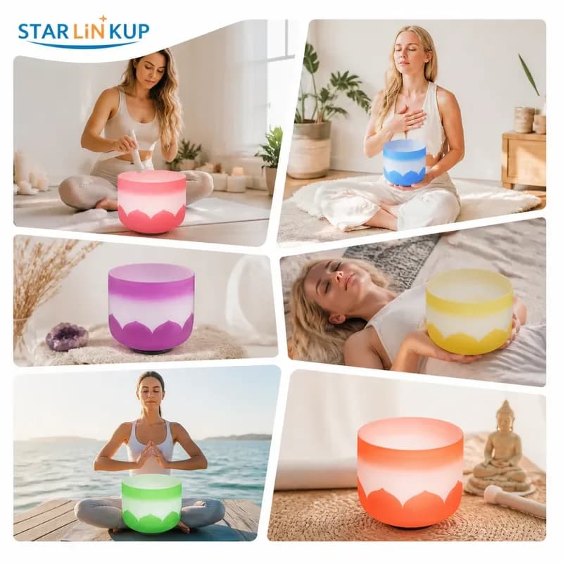 STAR LIN KUP 7pcs Frosted Quartz Crystal Singing Bowls Set 6-12 Inch 432Hz 440Hz CDEFGAB Chakra Healing Sound Bath Yoga