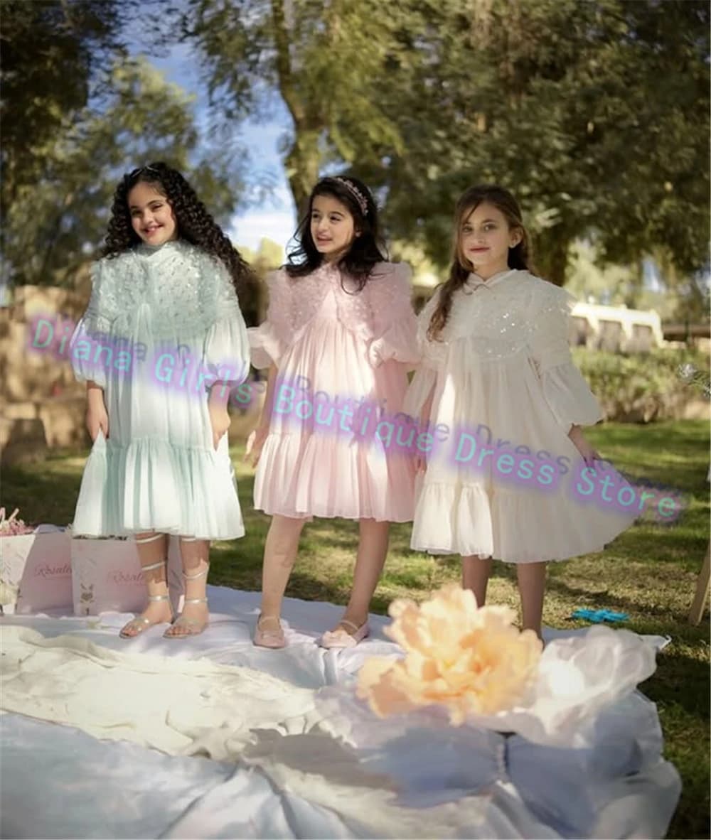 Bellissimo vestito da ragazza di fiore per bambini Abiti da sposa per ragazze a strati bianchi a tre quarti Abiti da tutu per bambini Abiti da compleanno per bambini