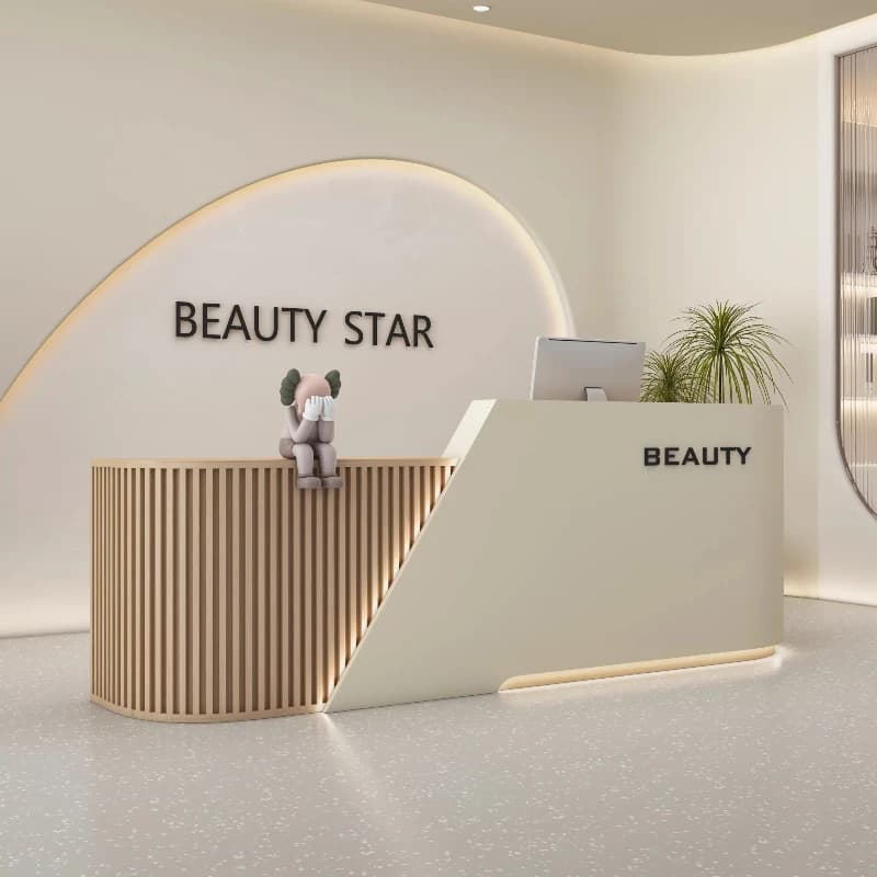 Tavolo da bancone moderno nordico Banco di guida per archiviazione Nas Banco a forma di L Banchi reception Salone di bellezza Pulpito reception Lusso